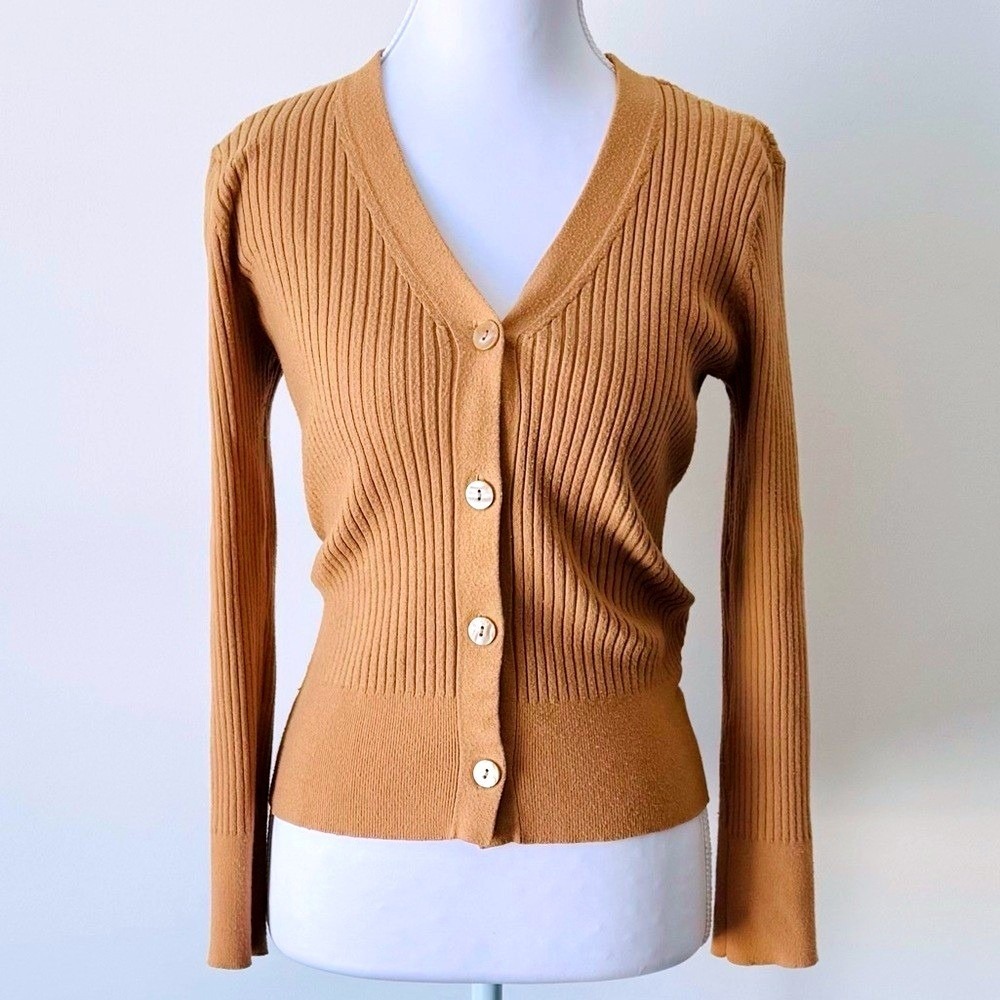 Ribbed Cardigan V-Neck Camel Beige A New Day Sz Sm